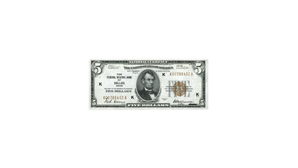 1929 $5 Federal Reserve Bank Note brown seal