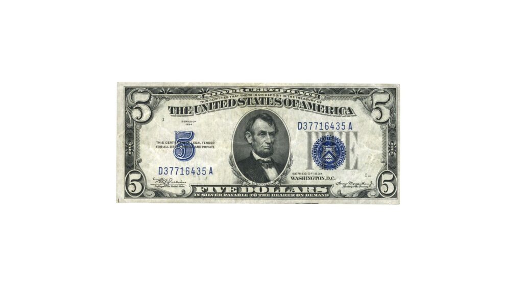 1934 $5 blue seal silver certificate