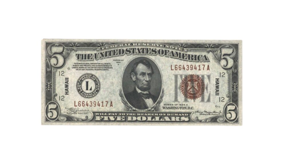 1934A $5 Hawaii overprint note