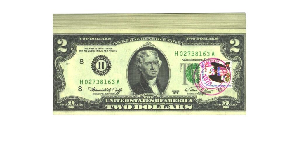 1976 first day issue $2 bill with an original postmark