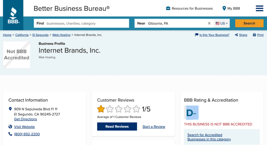BBB page for Internet Brands, 3 Step Divorce review parent company.