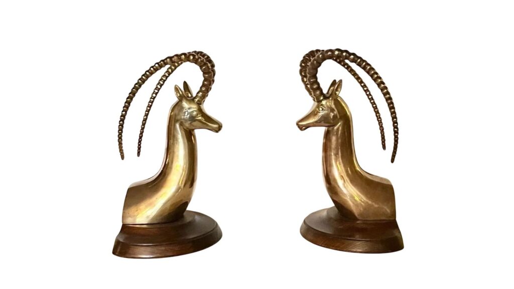 Brass ibex head bookends