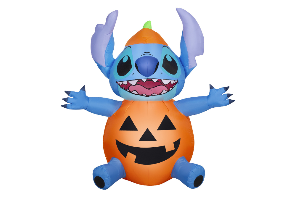 Disney Stitch inflatable wearing an orange pumpkin costume
