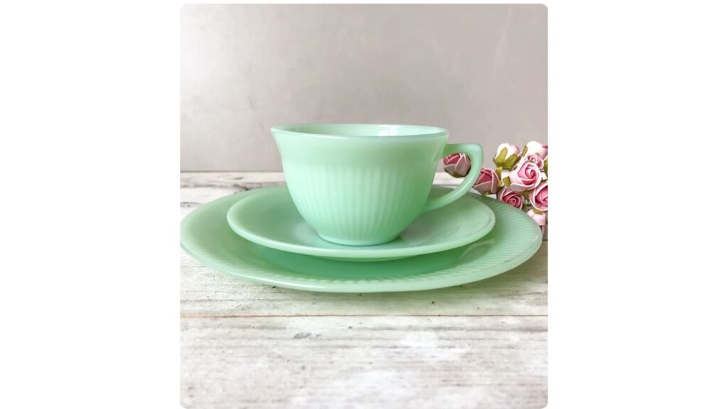 Fire King Jane Ray jadeite dinner plate and cup and saucer