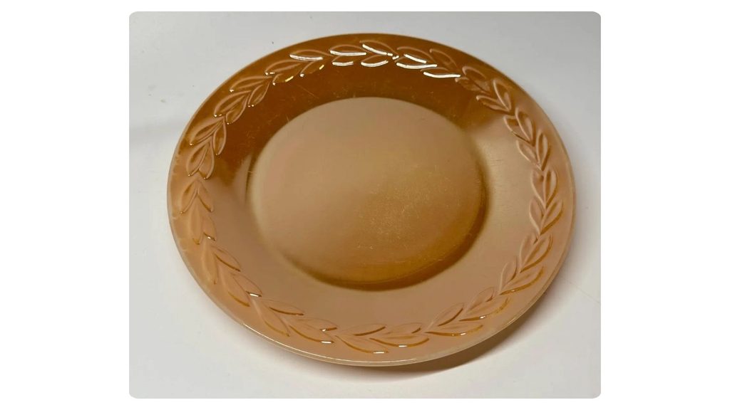 Fire-King Peach Lustre Laurel Leaf dinner plate