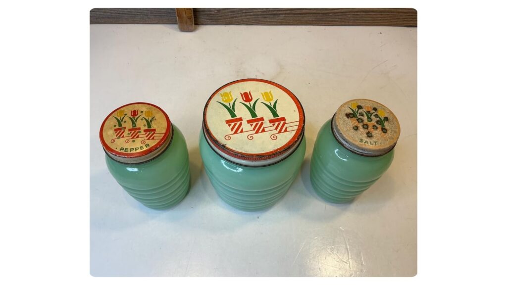Fire-King jadeite range set with tulip lids