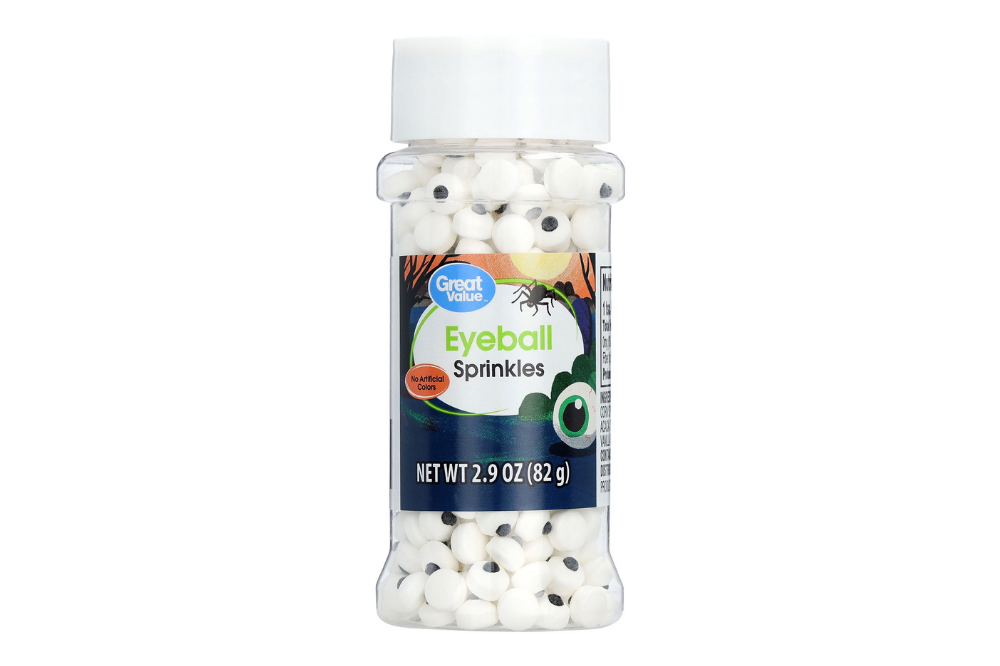 Great Value candy eyeball decorating sprinkles in a clear container