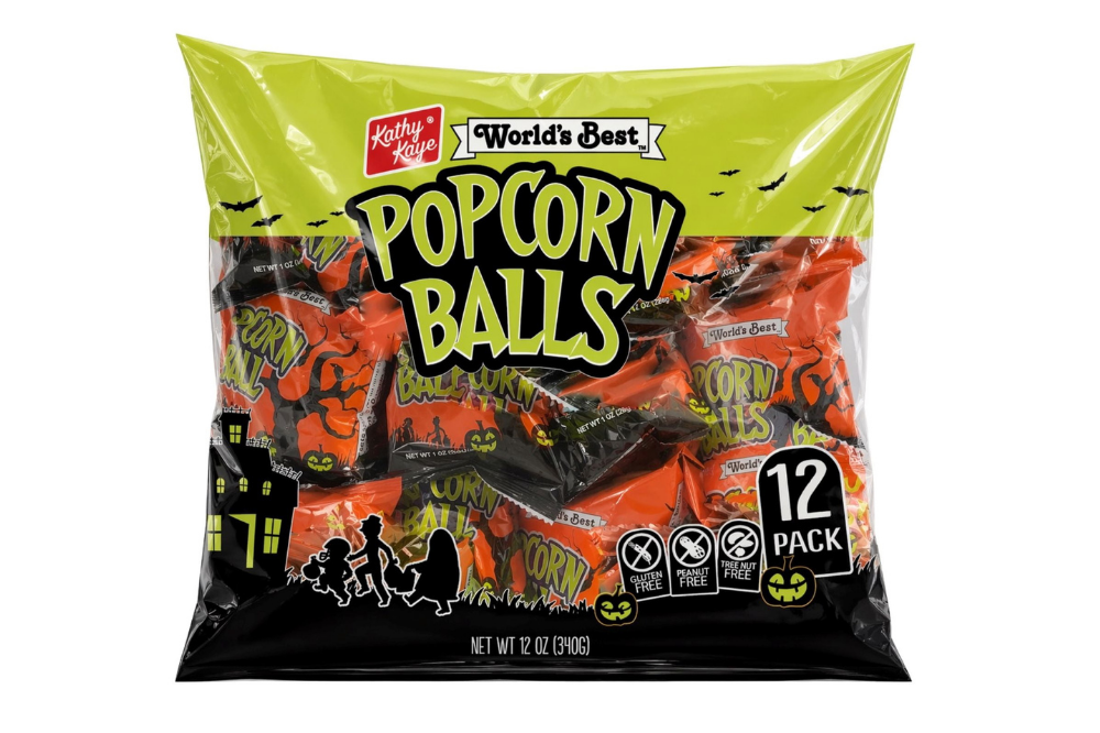 Kathy Kaye Halloween popcorn balls in a large seasonal bag