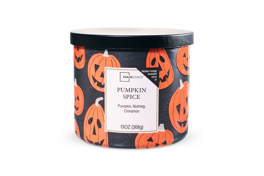 Mainstays three-wick pumpkin spice candle with Halloween wrap