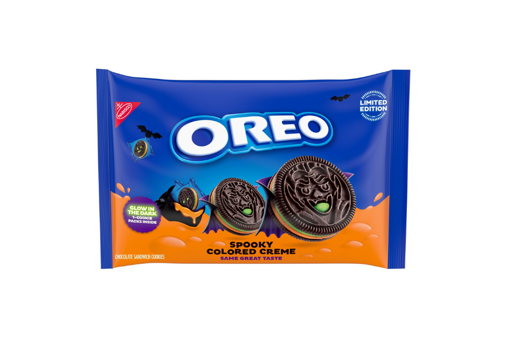 Oreo Halloween snack-pack box with green and orange creme cookies