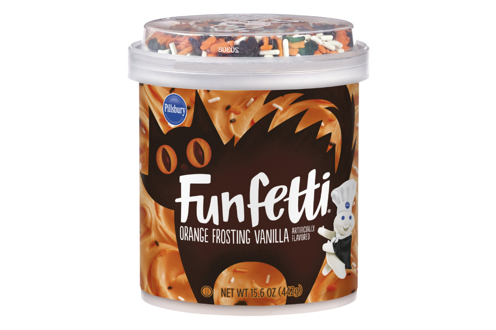 Pillsbury Funfetti Halloween vanilla frosting tub with colorful sprinkles