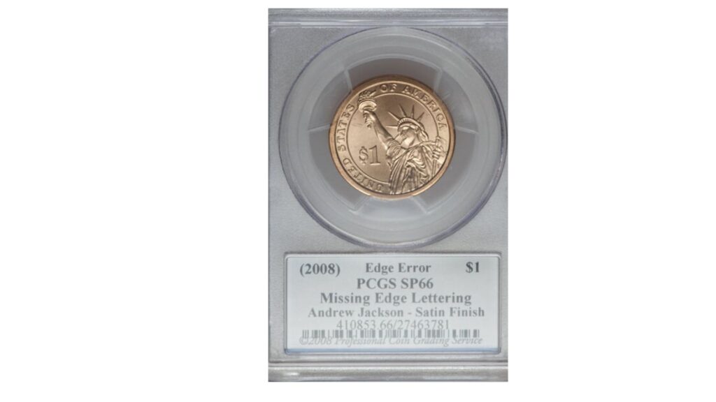 Presidential dollar with missing edge lettering