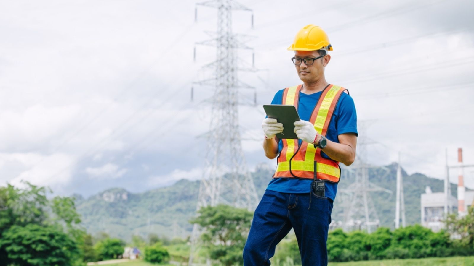 Professional engineer male with power line