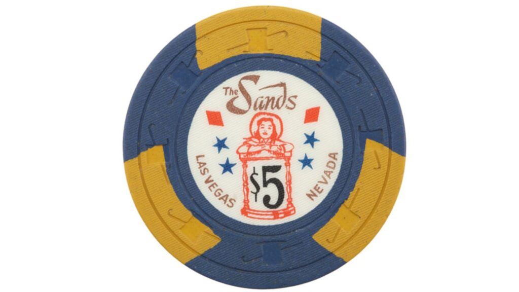 Sands Hotel first-issue 5 dollar chip with the hourglass design