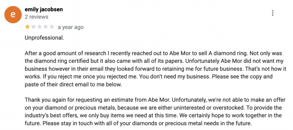 1-star Abe Mor reviews posted on Google.