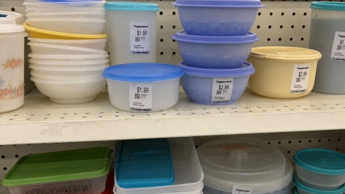Tupperware shelf in thrift store