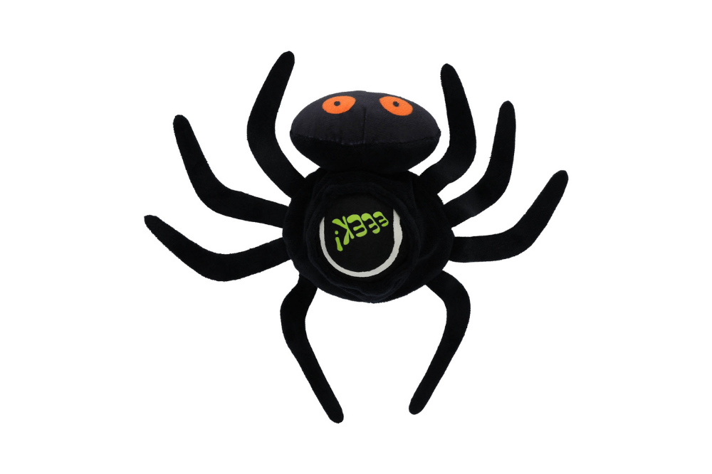 Black plush spider dog toy with an orange face and tennis ball