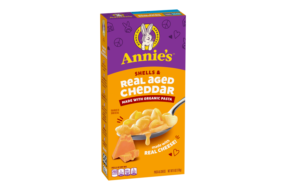 Annie’s shells and real aged cheddar macaroni and cheese box