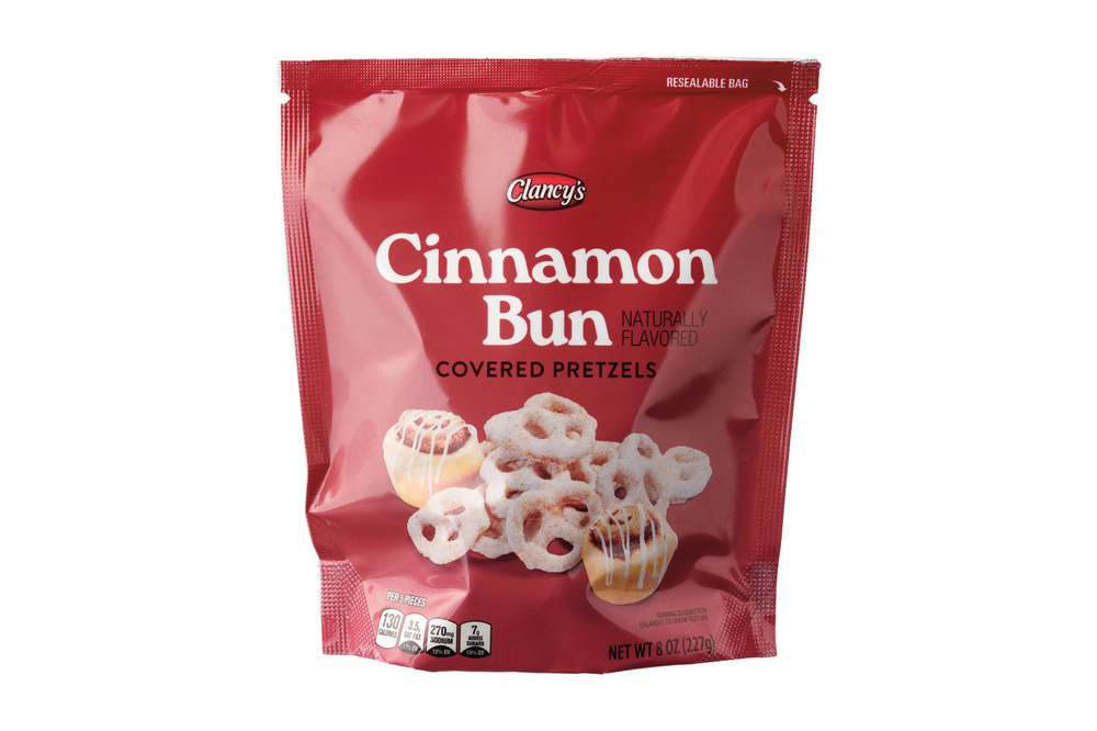Clancy’s cinnamon bun covered pretzels bag