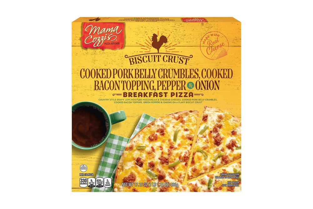 Mama Cozzi’s biscuit crust sausage and bacon pizza box