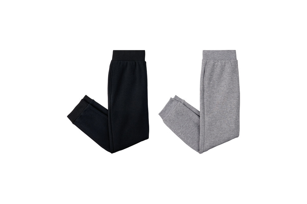 Two pairs of Lily and Dan children’s sweatpants in black and gray