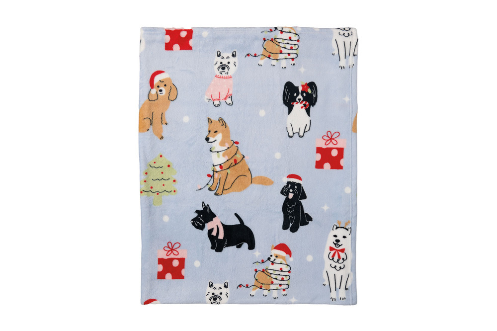 Blue Merry Moments Christmas throw with dog illustrations