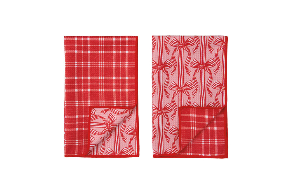 Two red Crofton Christmas kitchen towels