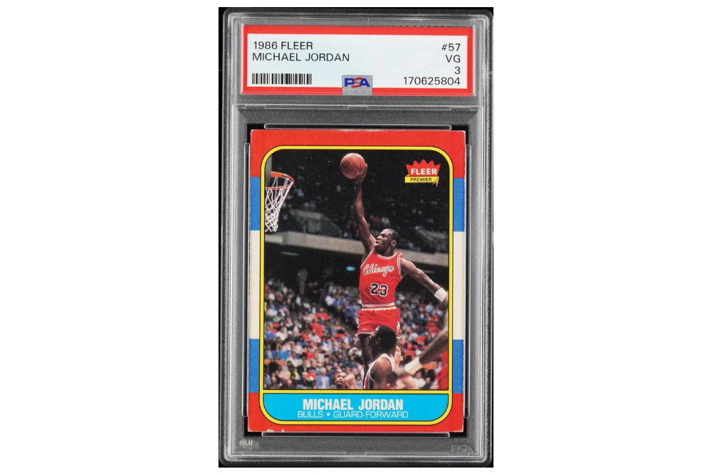 1986 Fleer number 57 Michael Jordan rookie card in a PSA 3 holder