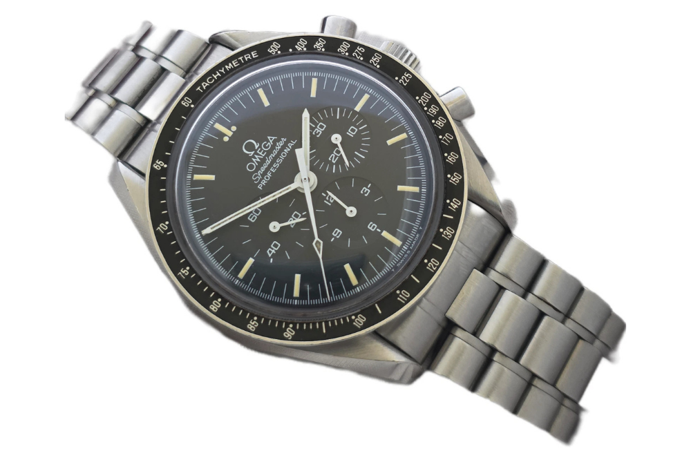 Vintage Omega Speedmaster Professional 145.022 with black chronograph dial and steel bracelet