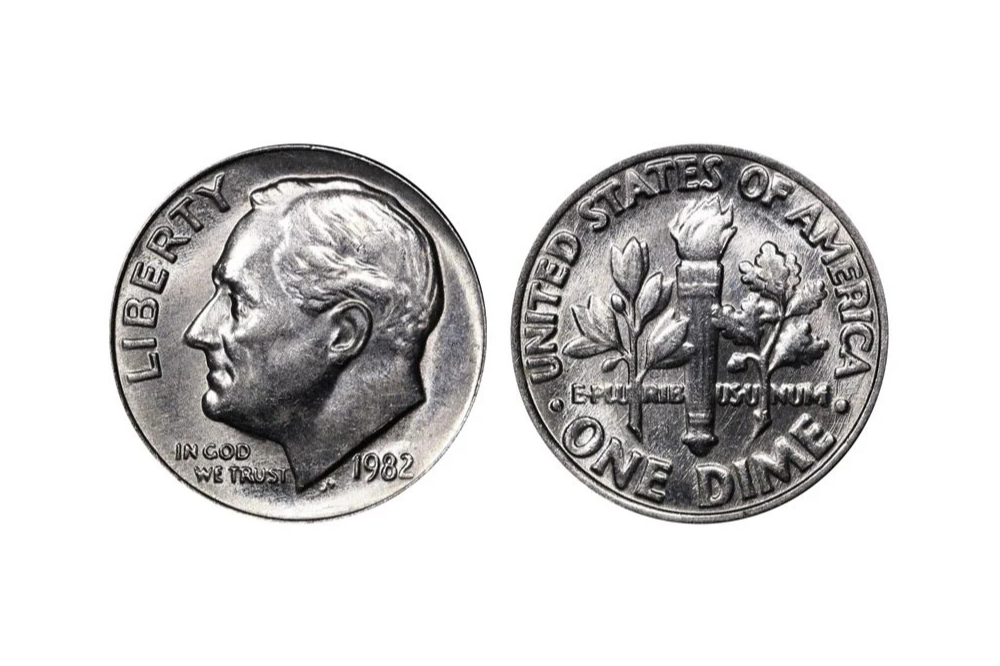 Obverse and reverse of a 1982 Roosevelt dime without the P mint mark