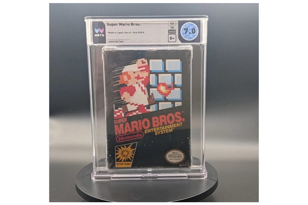 Sealed Super Mario Bros. NES game box in a Wata grading holder