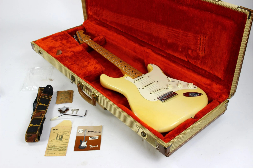 1982 Fender Fullerton Stratocaster in Olympic White in its open red-lined case