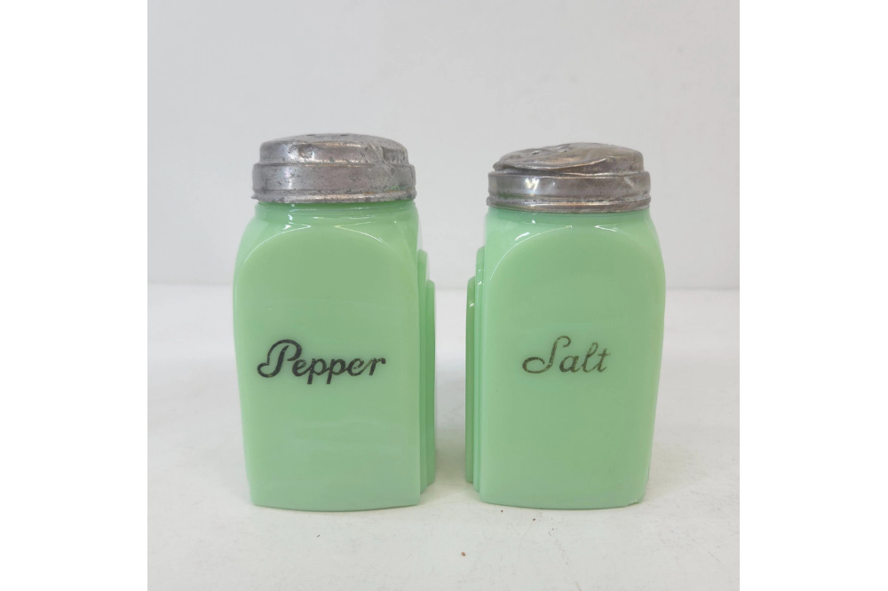 McKee jadeite Roman Arch salt and pepper shakers with metal tops