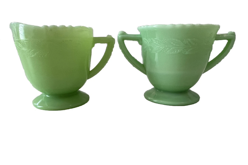McKee jadeite Laurel pattern creamer and sugar bowl pair