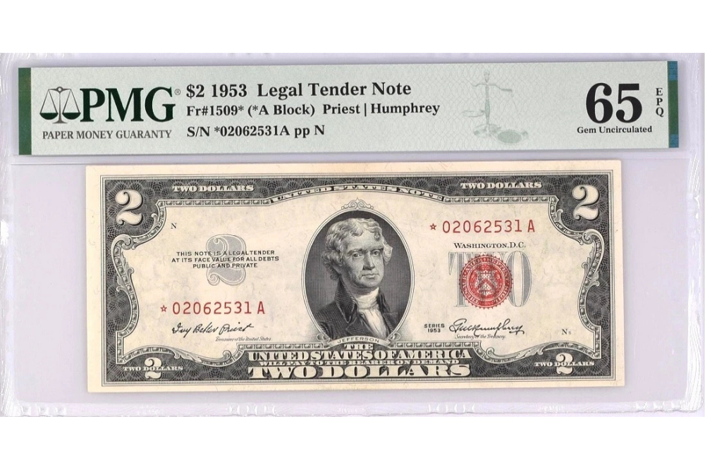 Series 1953 two-dollar red-seal star note graded PMG 65 EPQ