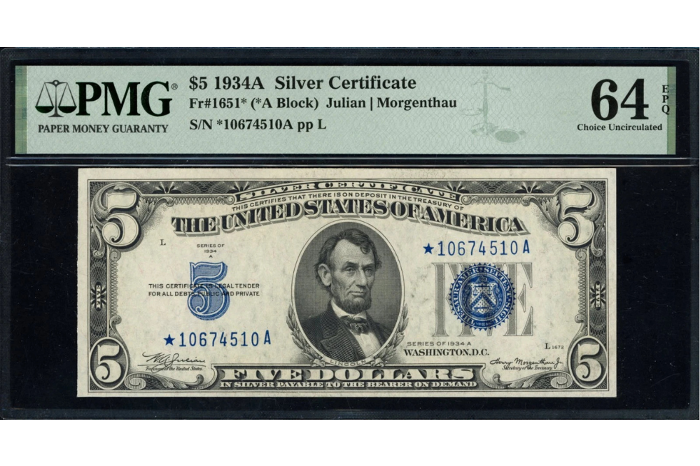 Series 1934A five-dollar Silver Certificate star note with blue seal