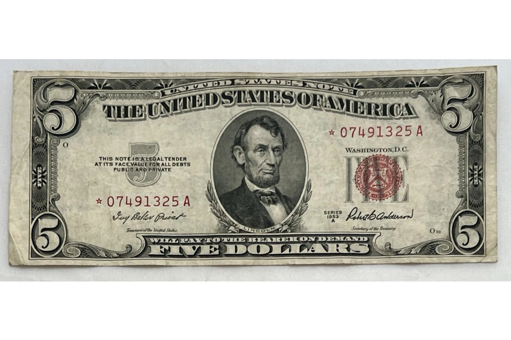 Series 1953A five-dollar United States star note with red seal