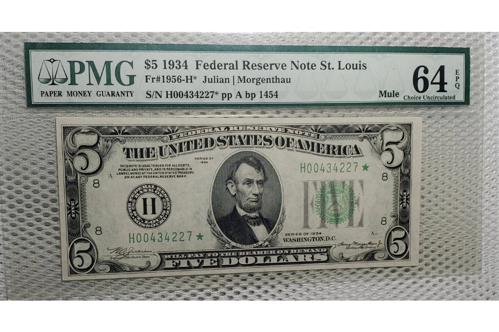 Series 1934 St. Louis five-dollar mule star note graded PMG 64 EPQ