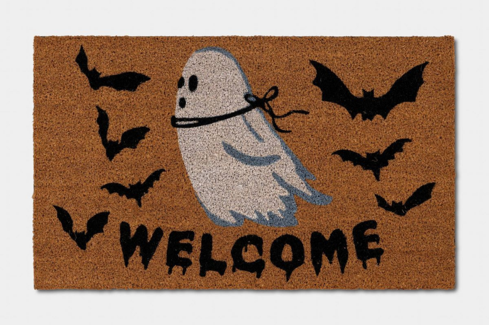 Coir Halloween welcome mat with a ghost and bats