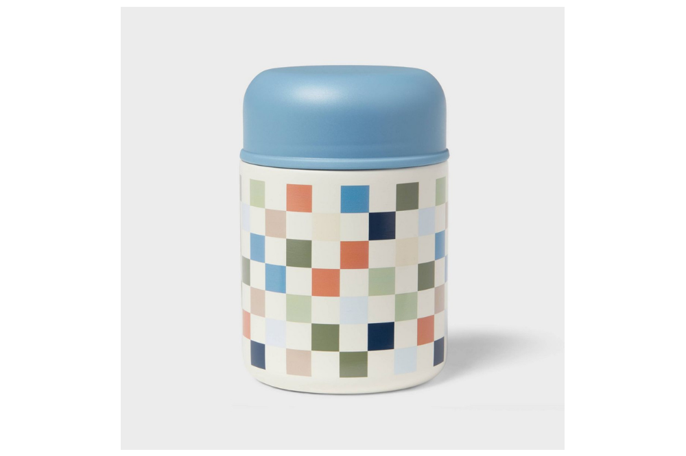 Blue checkered Pillowfort food jar with spoon