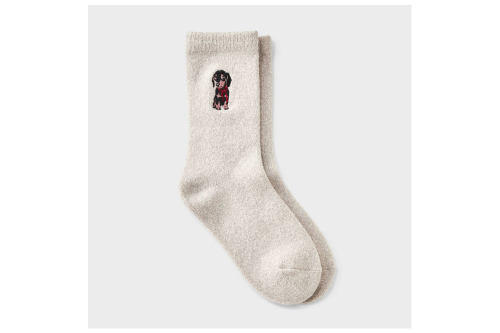 Beige Cat & Jack crew sock with a dachshund design