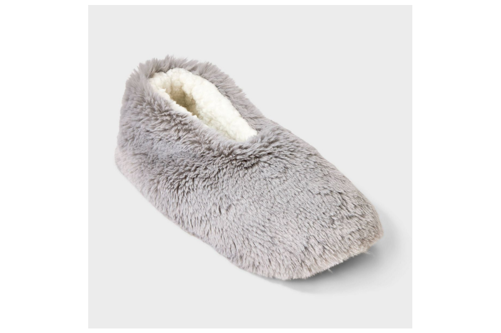 Gray Auden plush slipper sock with a soft white lining