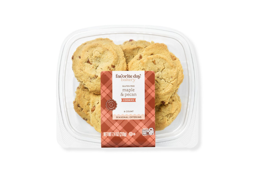 Favorite Day gluten-free maple pecan cookies in a clear package