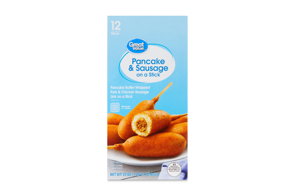 Great Value pancake and sausage on a stick box