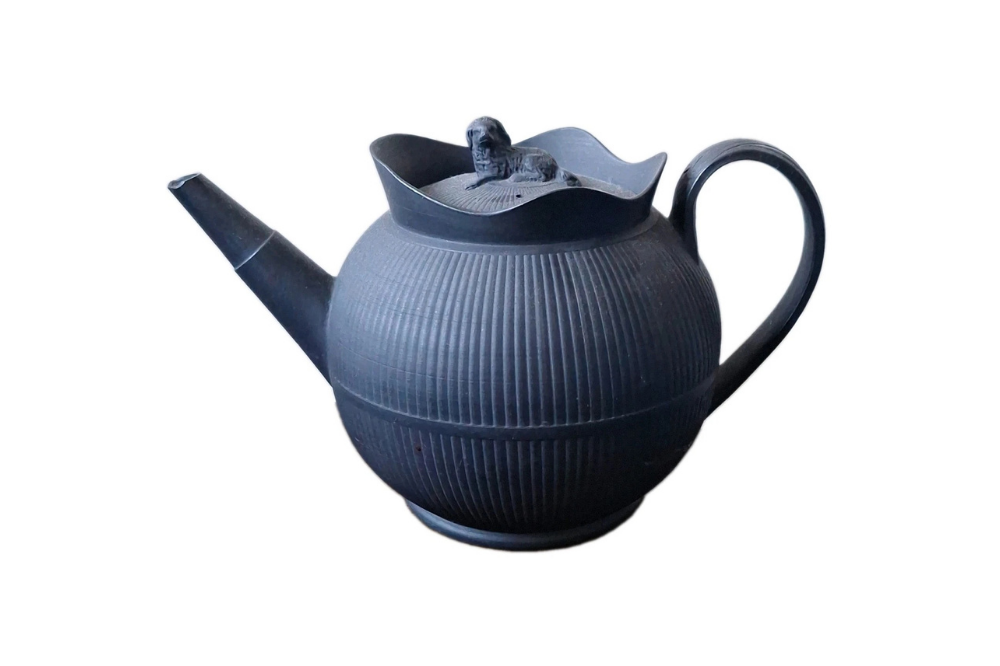 Wedgwood engine-turned black basalt teapot with spaniel finial
