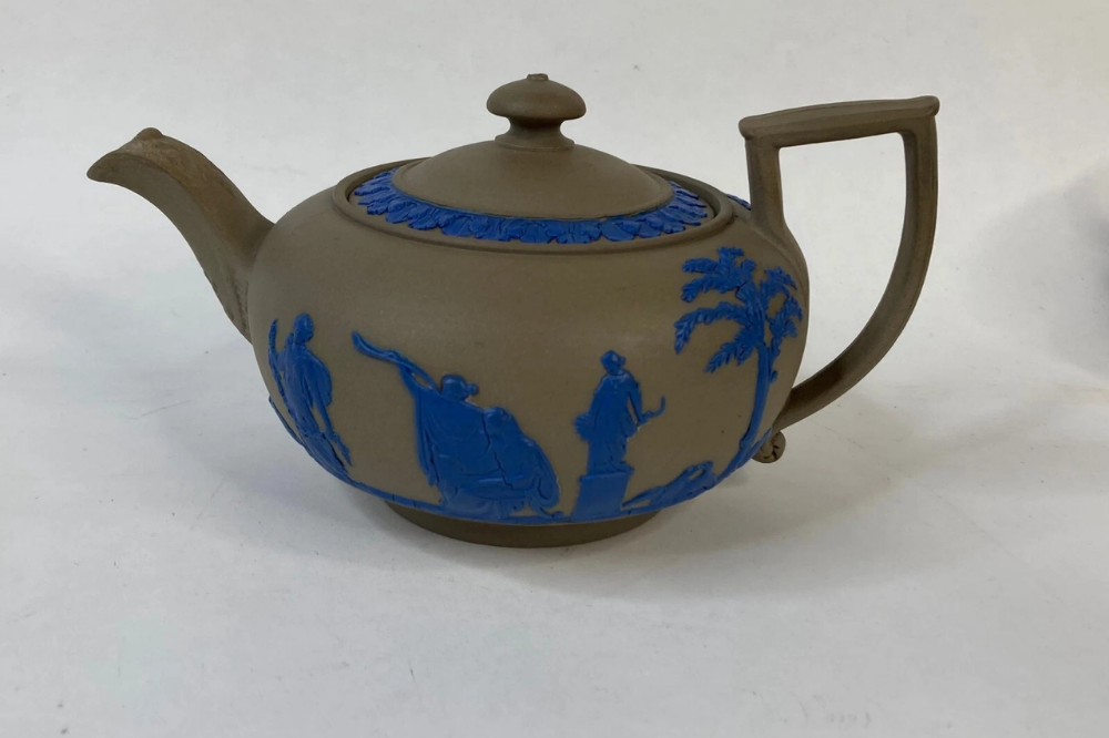 Wedgwood Drabware teapot with blue relief