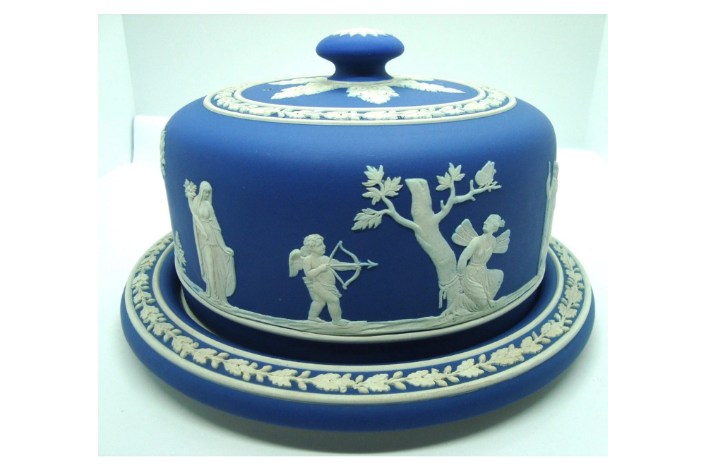 Wedgwood cobalt blue Jasperware cheese dome with underplate