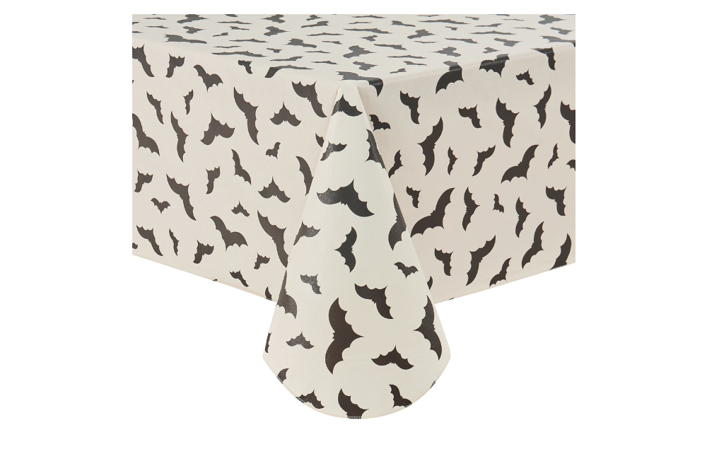 White Halloween tablecloth printed with black bats