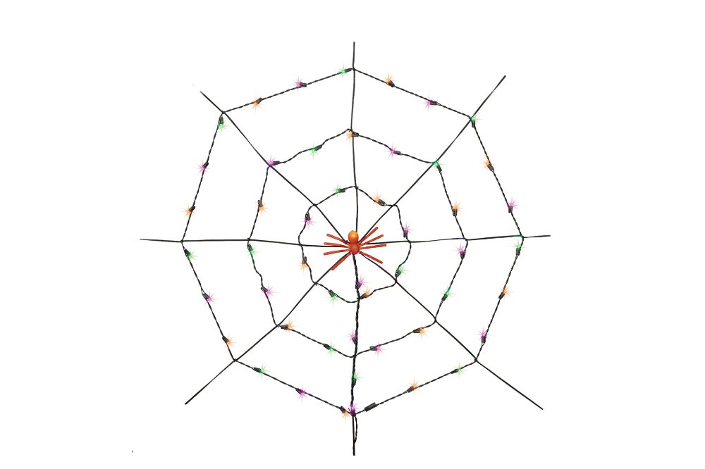 Spiderweb-shaped string lights with a spider at the center