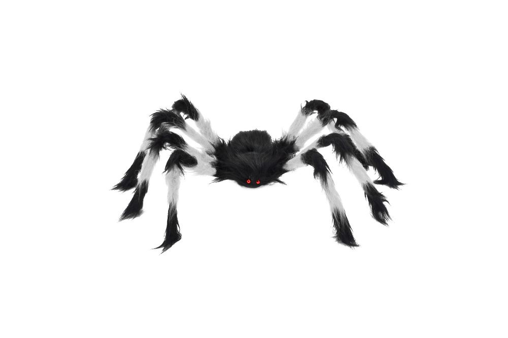 Large black-and-white furry spider decoration